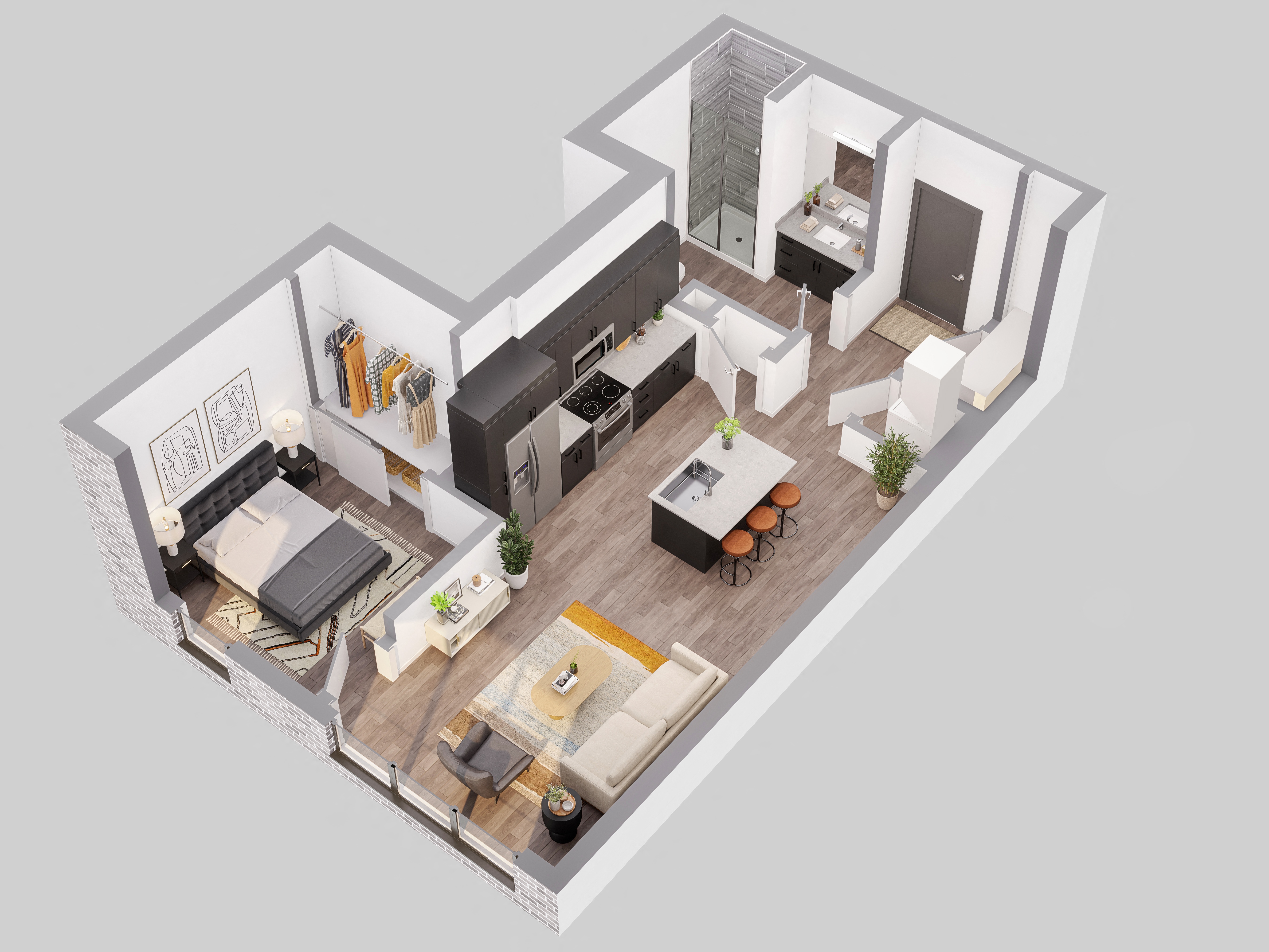 illustration of the living room and kitchen in a two bedroom apartment